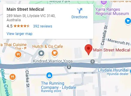 Map showing the location of Main Street Medical in Lilydale, Victoria